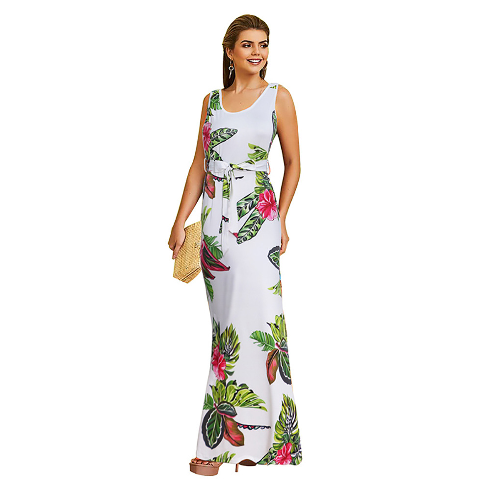 Sleeveless Floral Print Dress Round Neck Tie Detail Sexy Fit Summer Casual Wear for Women Wholesale Available