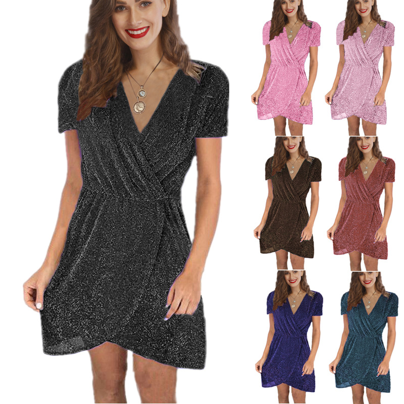 V Neck Irregular Sequin Cocktail Dress Short Sleeve Elegant Party Wear Wholesale Available fast shipping