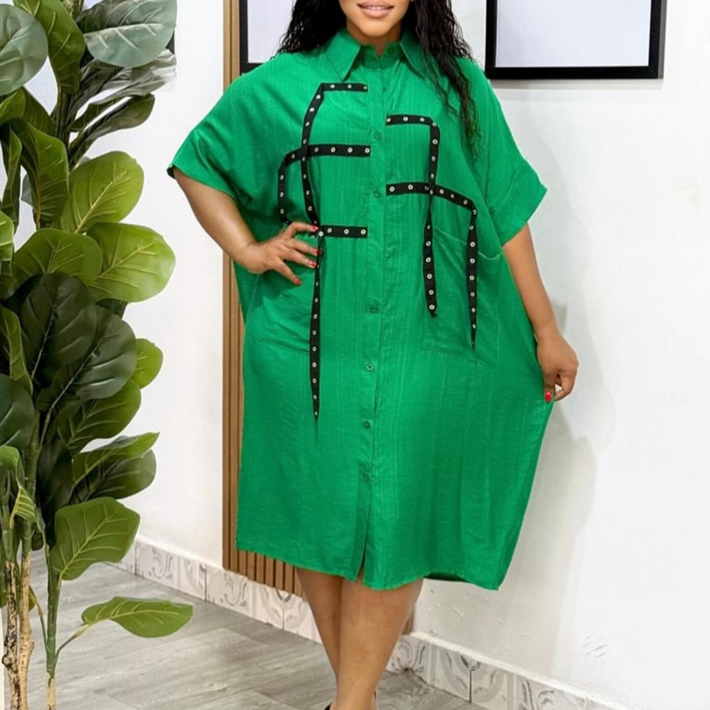 Fashionable Women's Short Sleeve Loose Fit Shirt with Lapel, Mid Length Blouse and Dress for International Trade