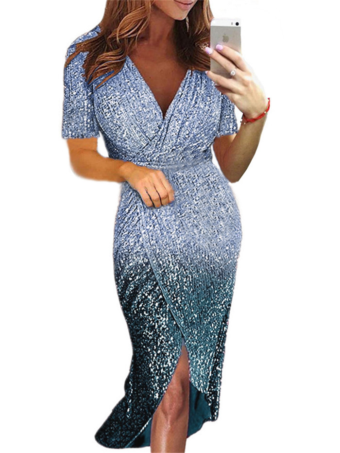 Womens Evening Gown Short Sleeve Gradient Color Sequin Detail Formal Events Parties Wholesale Available