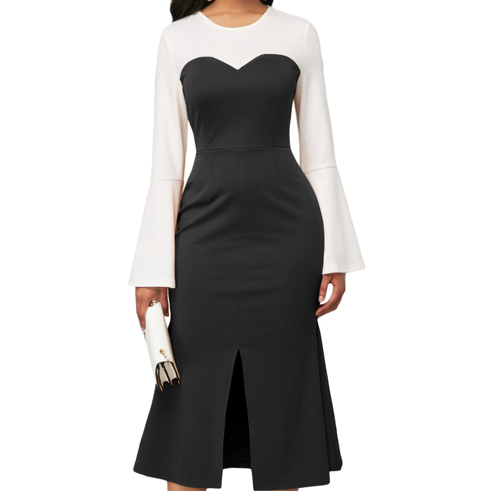 Womens Spring Summer Dress Waist Defining Slim Fit Round Neck Long Sleeve Color Block Casual or Party Wear