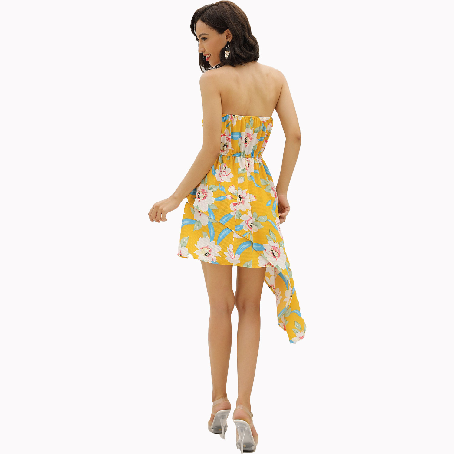 Irregular Floral Print Strapless Dress Womens Vacation Wear Elegant Evening Gown Wholesale Available