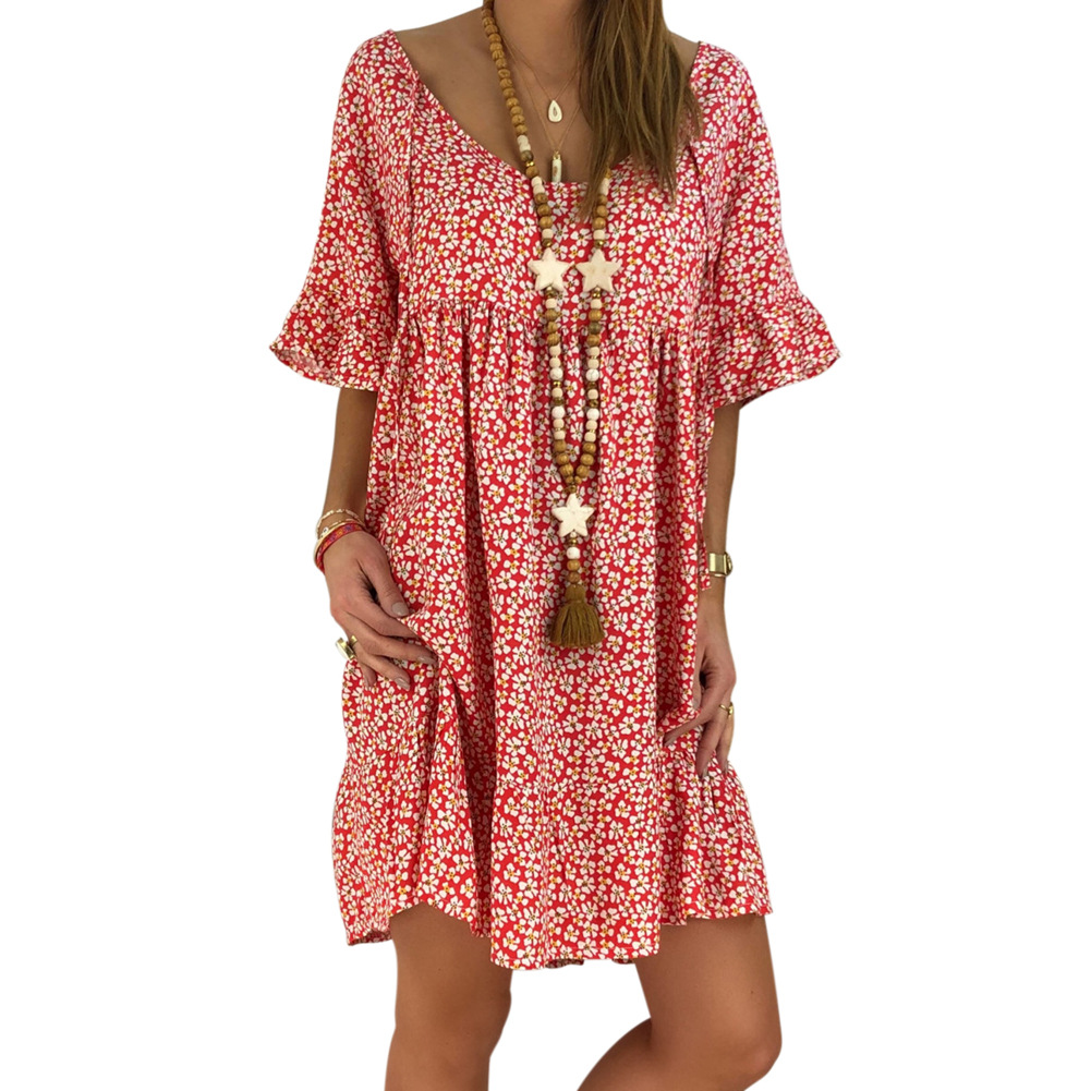 Vintage Floral Print Dress for Women Loose Fit Short Sleeve Round Neck Summer Casual Wear Wholesale Available