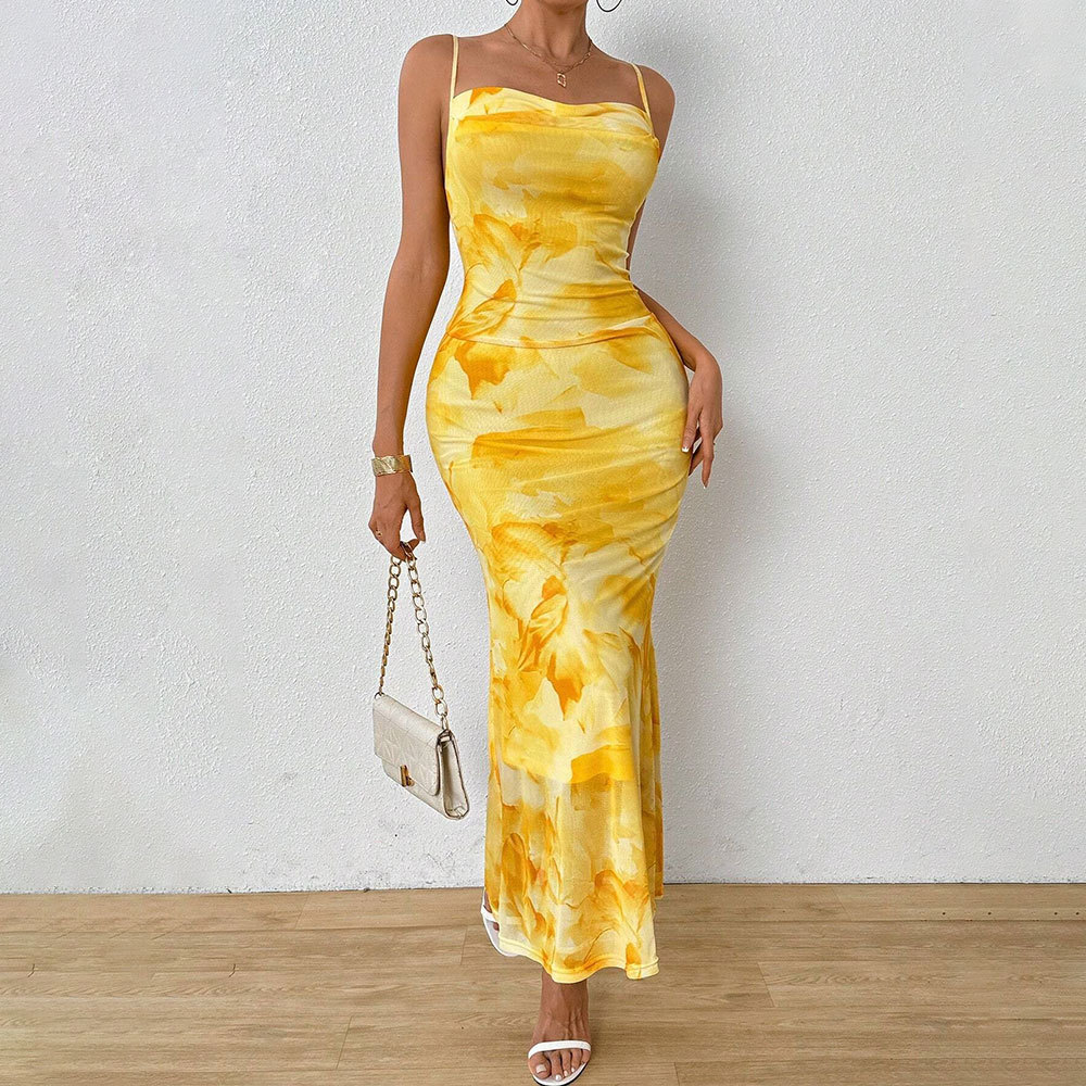 Sexy Bodycon Strapless Long Dress with High Waist and Floral Print