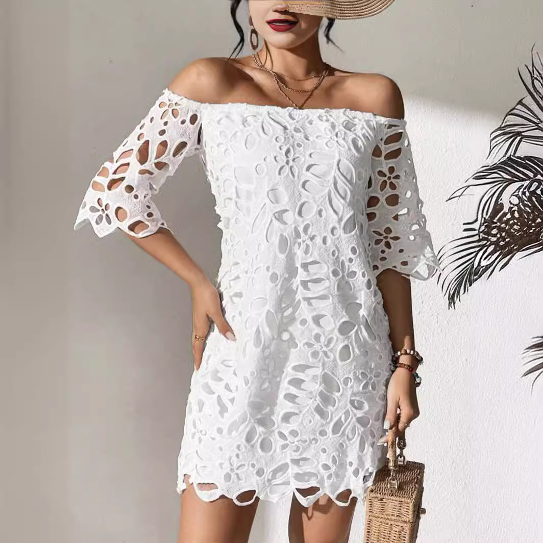 New European and American Cross Border Trade Commuter Style Solid Color Strapless One Shoulder Hollow Lace Dress Short Skirt for