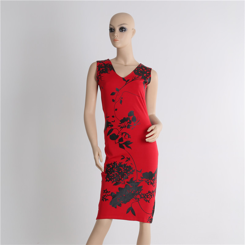 Fashion Womens Sleeveless Dress V Neck Floral Print Blended Fabric Casual Summer Wear Wholesale Available