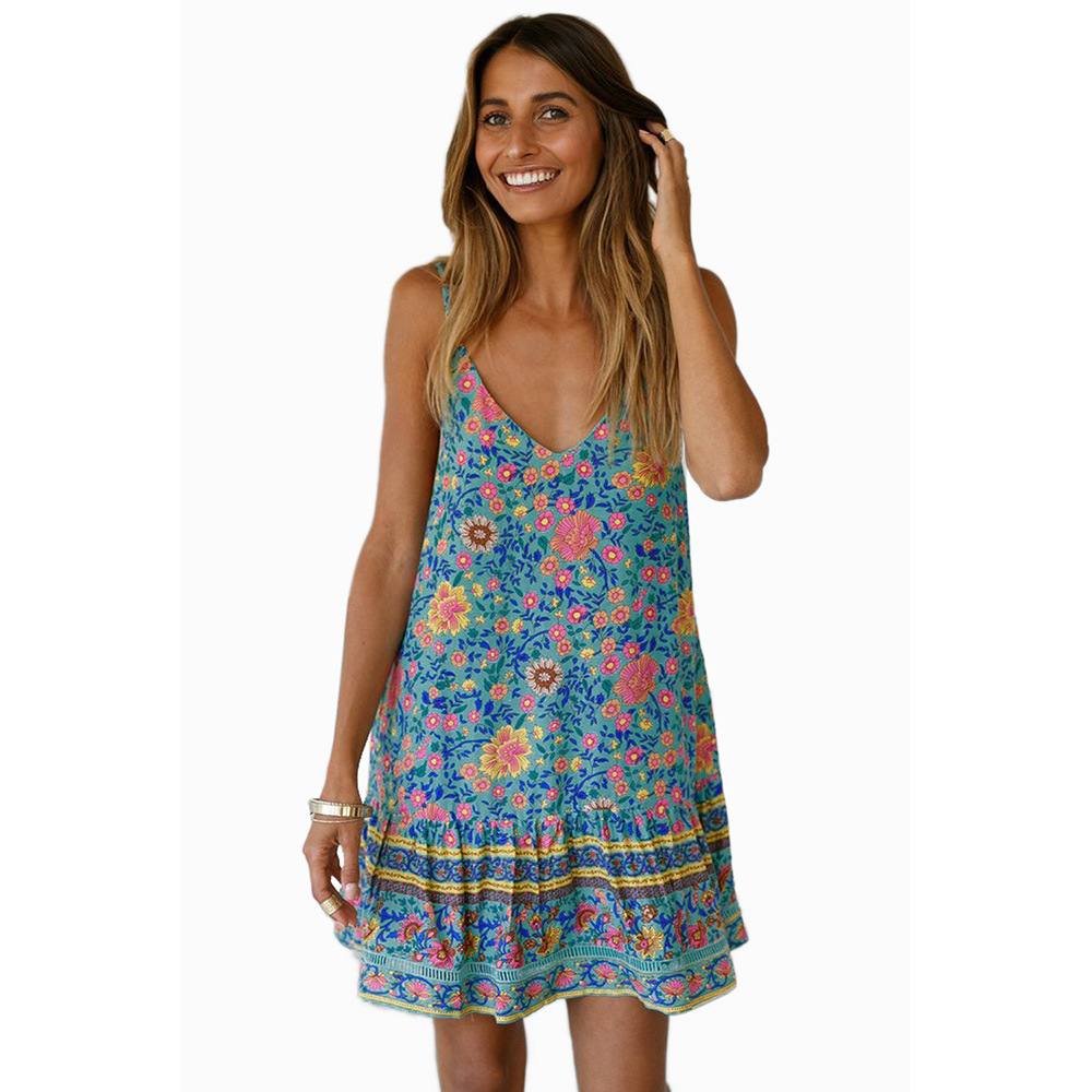 Summer A Line Mini Dress Sexy Sleeveless V Neck Floral Print Ruffled Hem Casual Wear for Parties Wholesale