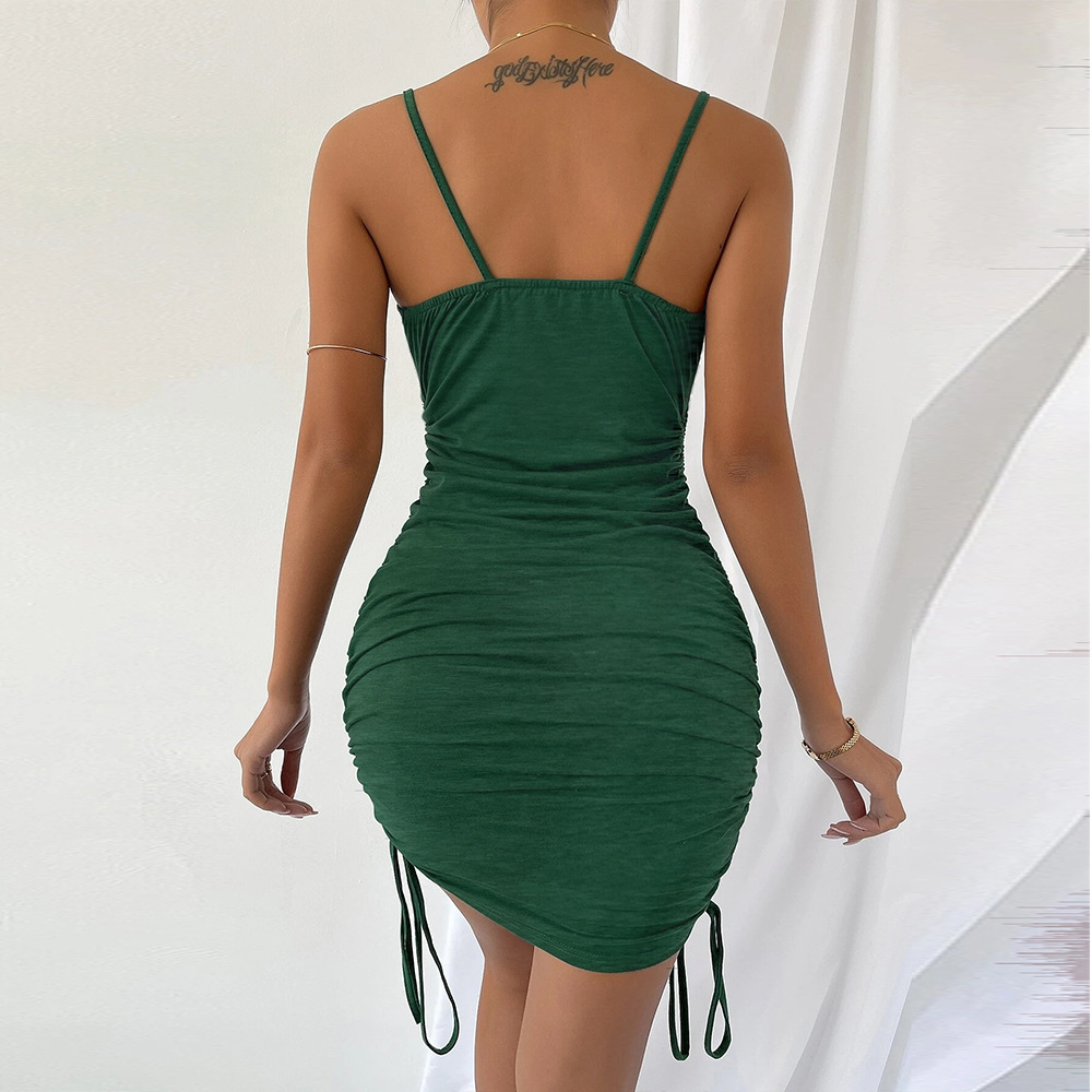 Spring Summer New Slim Fit Mid Waist Solid Color Strap Dress