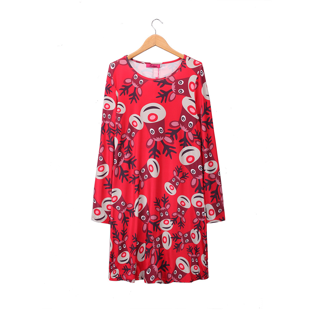 A Line Dress Cartoon Reindeer Print Round Neck Long Sleeve Winter Holiday Wear Wholesale Available