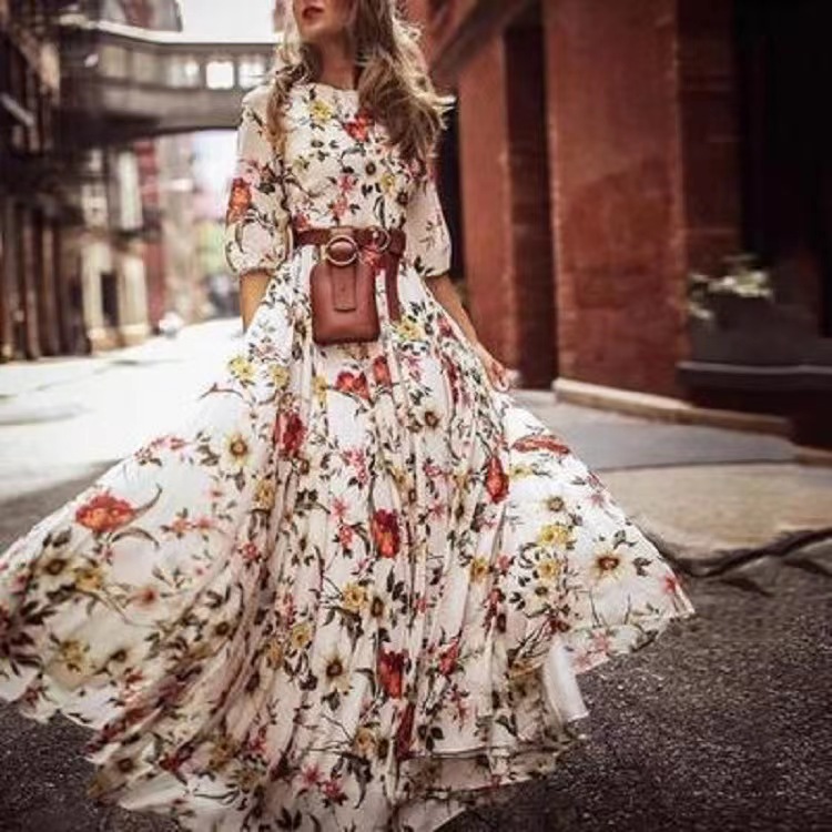 Printed Long Dress European and American Foreign Trade French Commuter Style Vintage Flared Round Neck Floral Dress