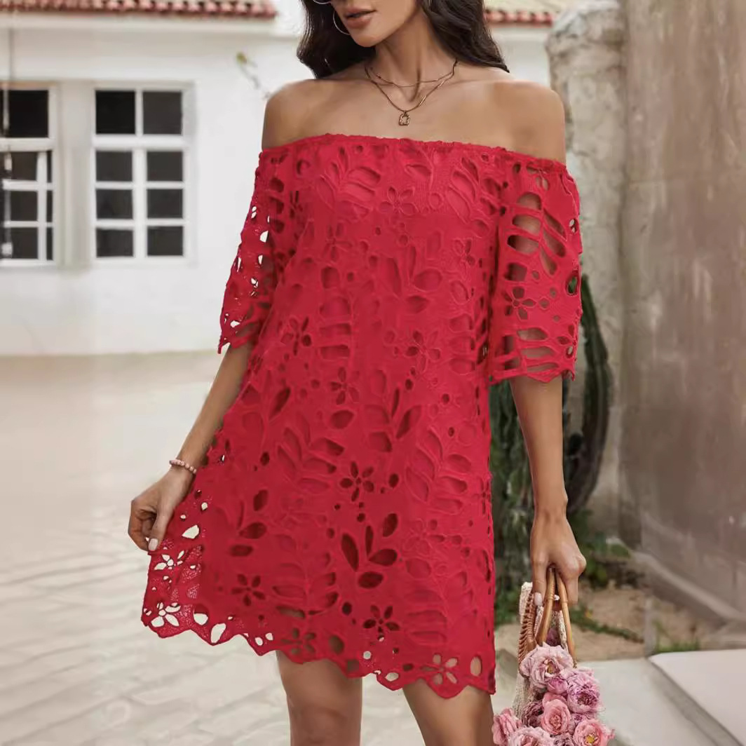 New European and American Cross border Trade Commuter Style Solid Color Strapless One shoulder Hollow Lace Dress Short Skirt for