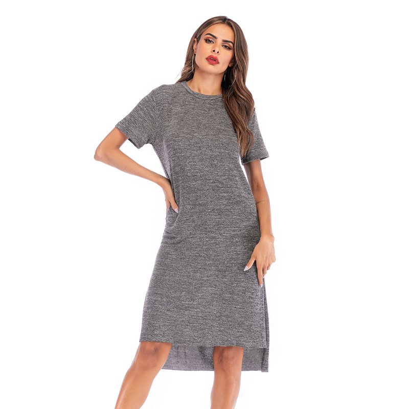 Womens Solid Color Midi Dress Short Sleeve Round Neck Side Slit Autumn Winter Fashion Wholesale Available