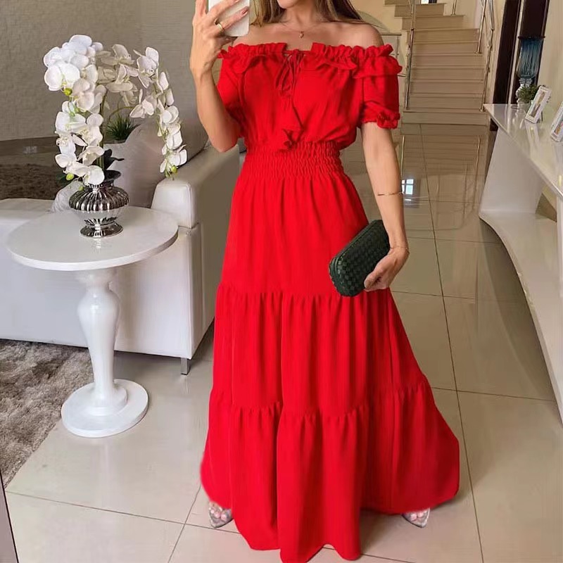 European Market Elegant Solid Color Strapless Ruffled Puff Sleeve Maxi Dress — Fashionable, Trendy, Comfortable — Casual, Part