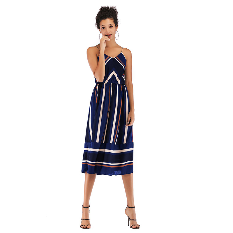 Womens Striped Color Block Chiffon Midi Dress V Neck Sleeveless Lightweight Fabric Spring Summer Fashion