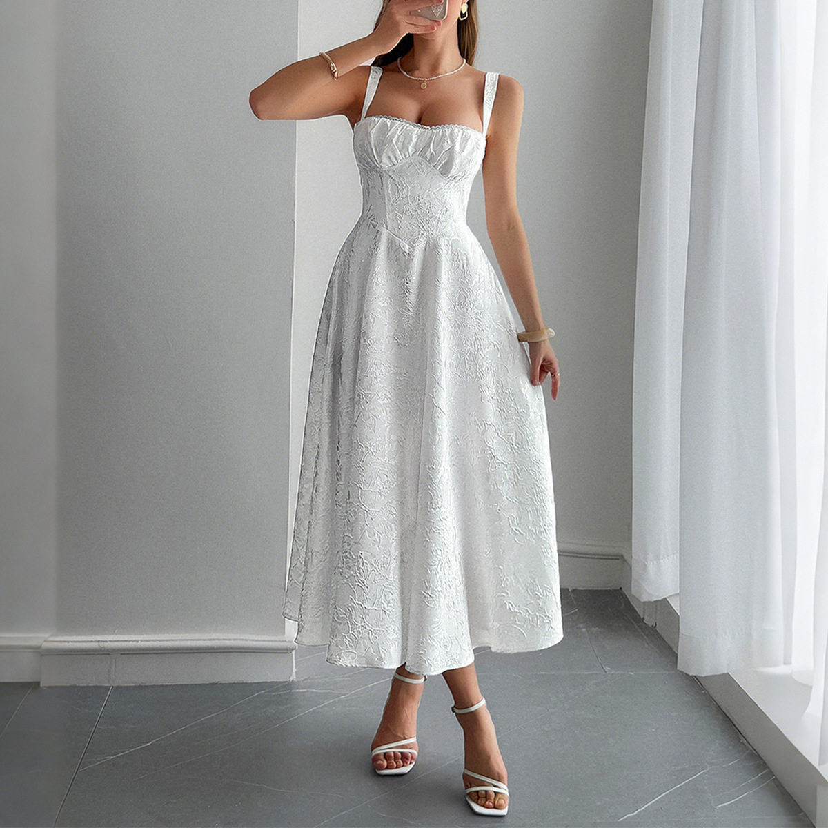 Elegant European and American Style Jacquard Long Dress with Adjustable Waist and Bow Detail, Sleeveless, A line, Long Length