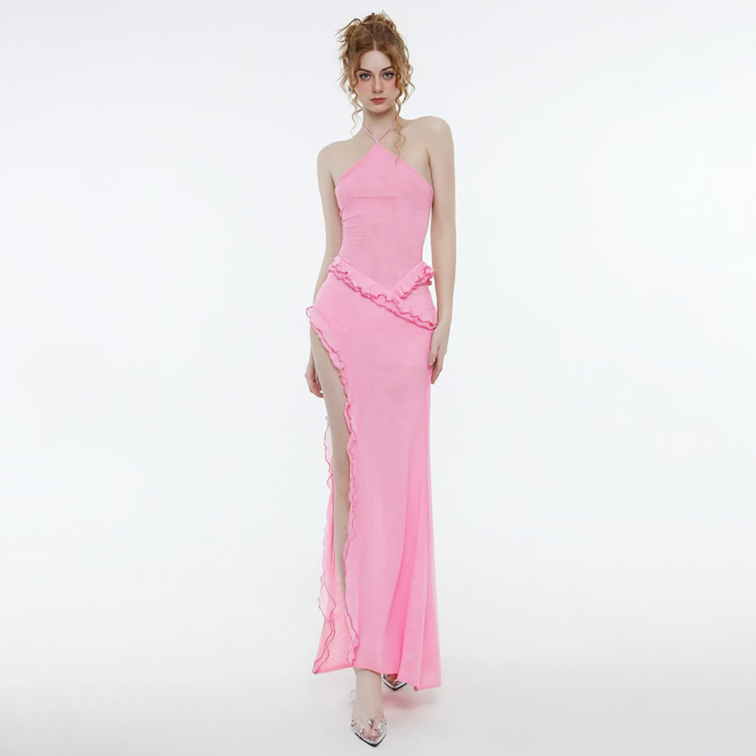 Summer Women's Sexy Halter Neck Dress with Ruffle Trim and Side Slit, Trendy Splicing Design for Fashionable Casual Wear