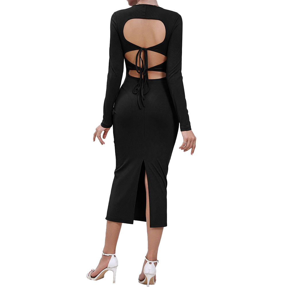 Sexy Hollow Out Bodycon Midi Dress with Long Sleeves