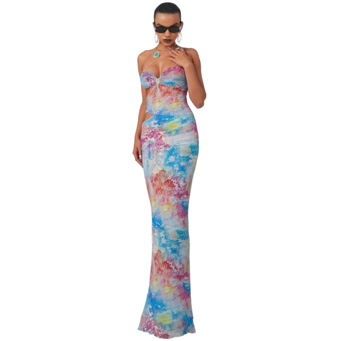 New Spring Summer Women's Fashion Sexy Hollow Out Sleeveless Color Block Printed Strapless Bodycon Maxi Dress