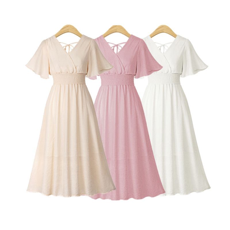 Chiffon Floral Print Dress V Neck Flared Sleeves Slim Fit Summer Casual Wear Wholesale Available