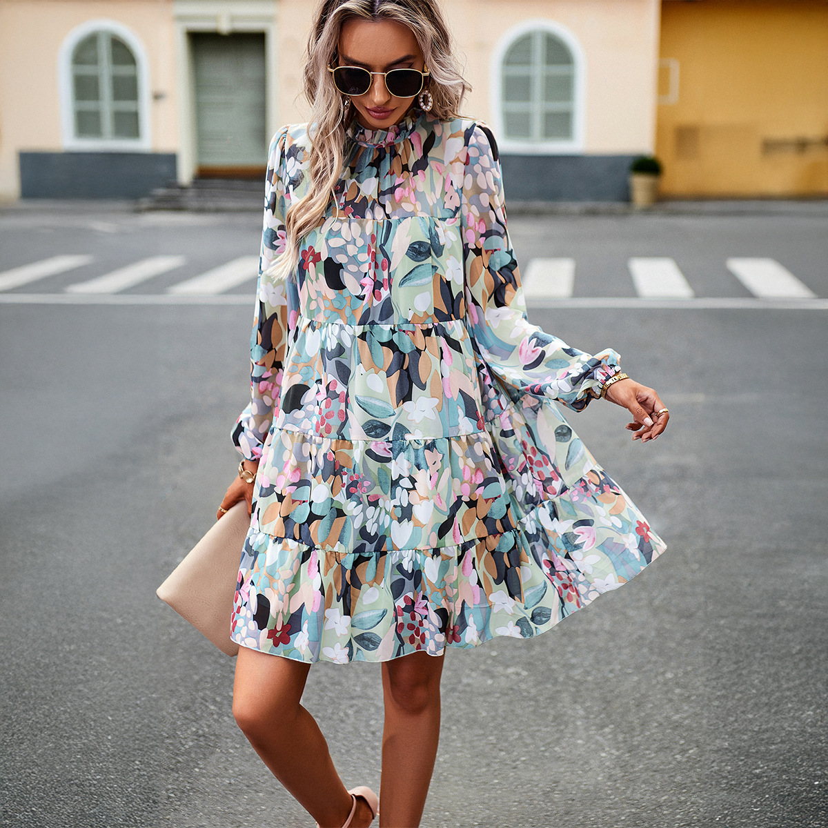 Elegant Casual Printed Long Sleeve Long Dress for Women Autumn Winter