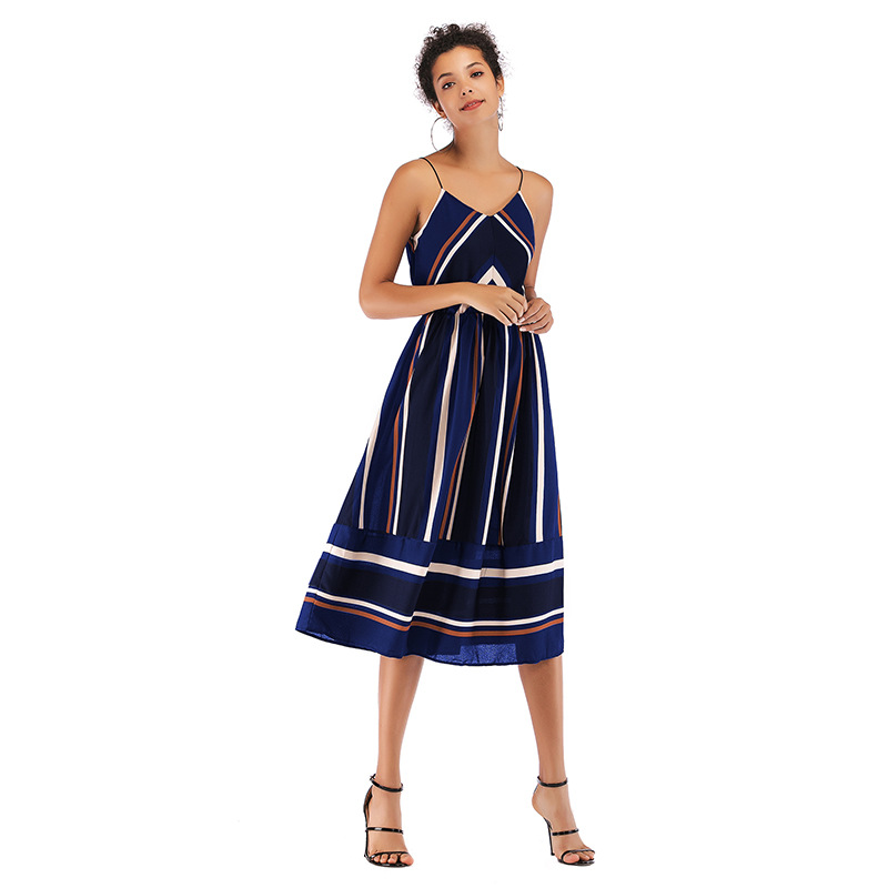 Womens Striped Color Block Chiffon Midi Dress V Neck Sleeveless Lightweight Fabric Spring Summer Fashion