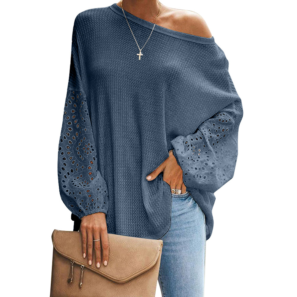 Womens Loose Fit Hollow Out Long Sleeve Top Solid Color Off Shoulder Asymmetrical Neckline Spring Summer Fashion