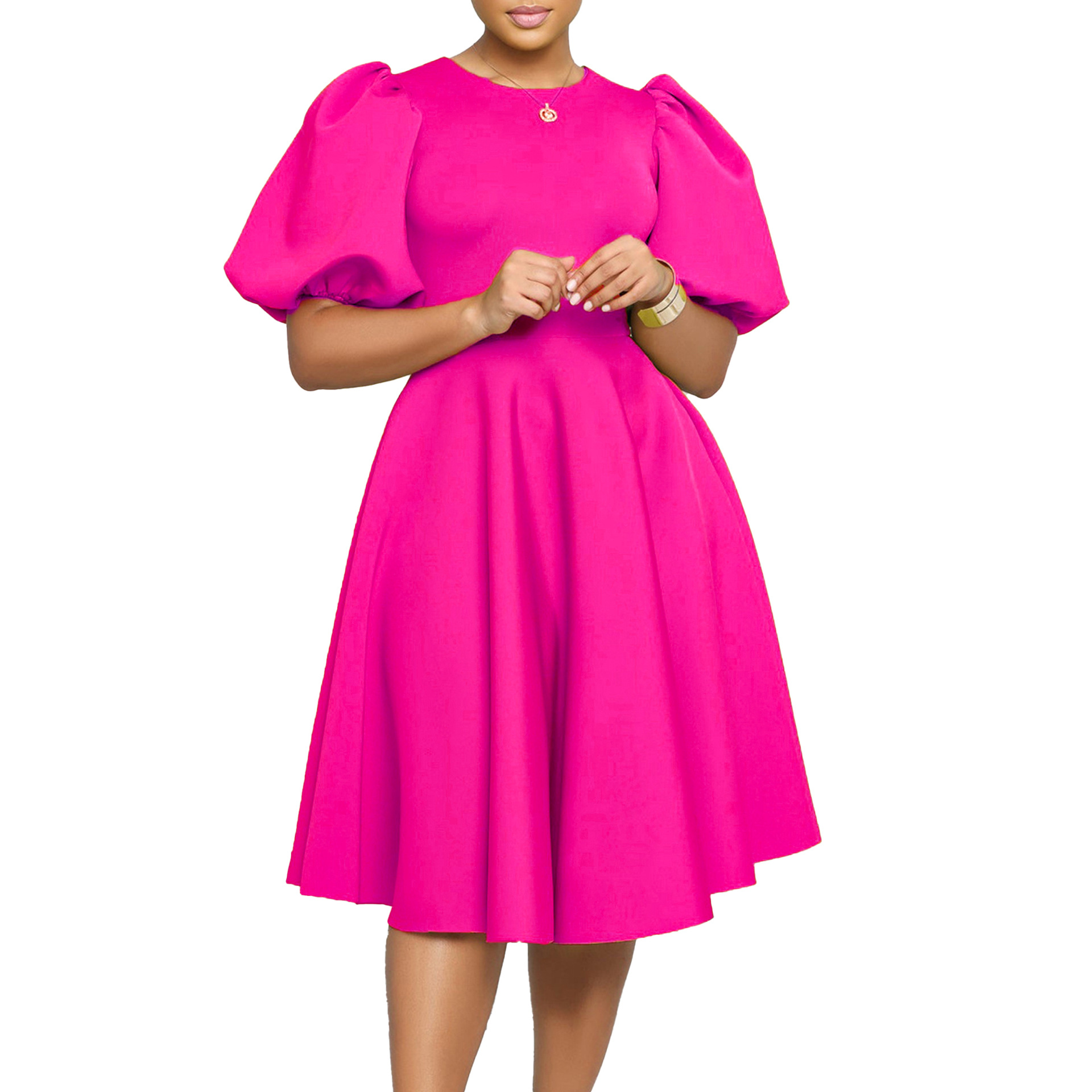 European and American Markets A Line Dress — Round Neck, Puff Sleeves, Waist Cinched, Flared Skirt — Formal Occasion — Wholesa
