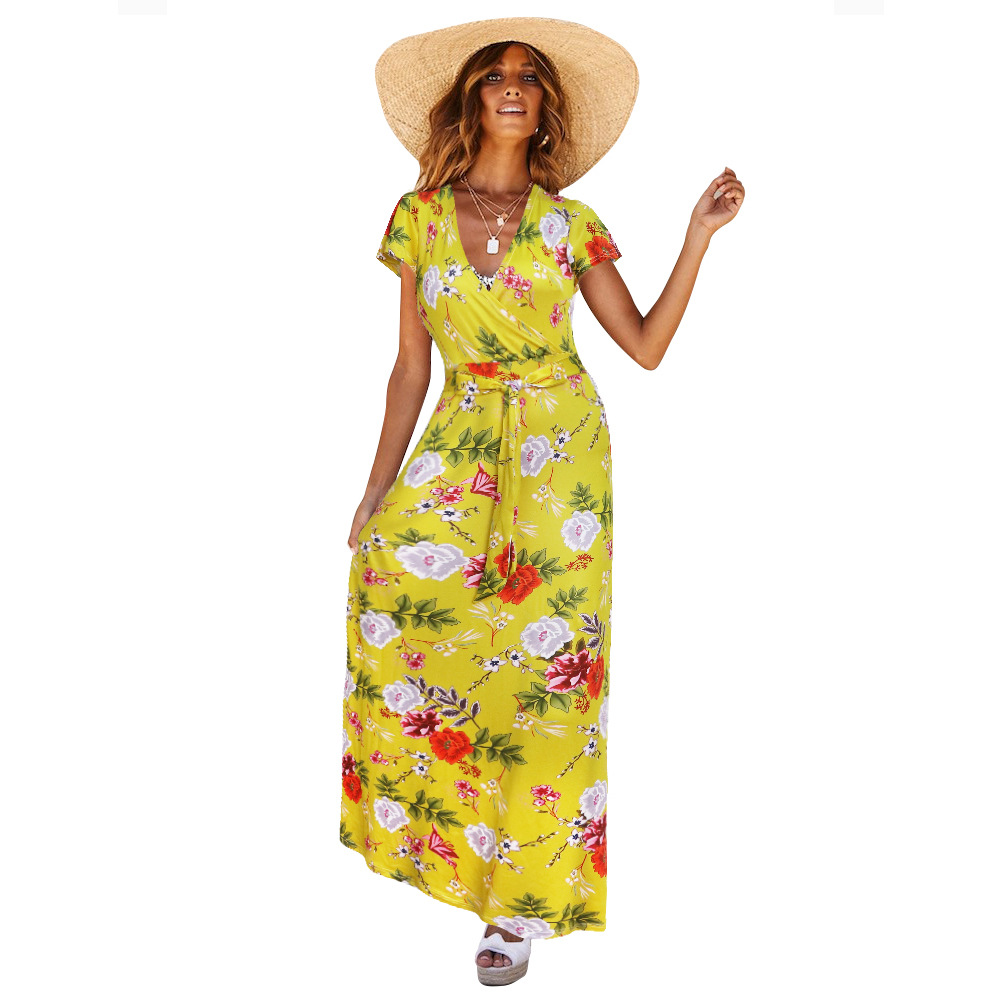 Bohemian Floral Maxi Dress V Neck Tie Detail Summer Style Perfect for Beachwear or Casual Outings Wholesale