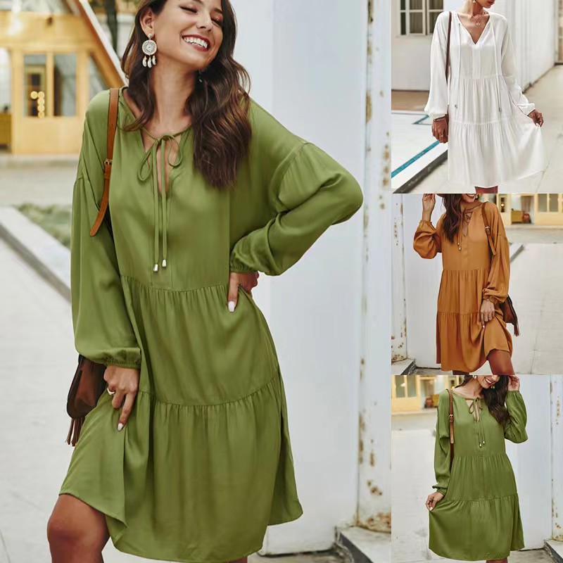 In Stock Cross Border New Long Sleeve High Waist Loose V Neck Solid Color Splicing Mid Length Tie Dress