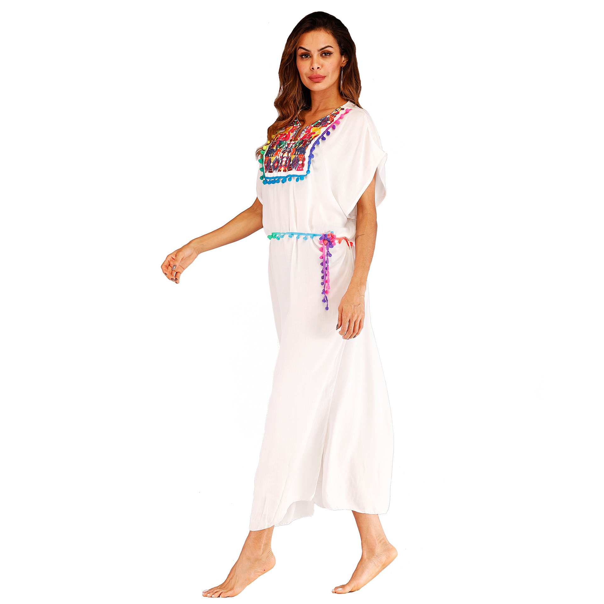 Embroidered Colorful Tassel Split Long Beach Cover Up Dress Stylish Bohemian Design Perfect for Summer Vacations