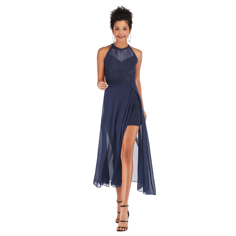 Chiffon Dress Sheer Panel Elegant Fit High Slit Flowy Hem Spring Summer Fashion Wholesale Available