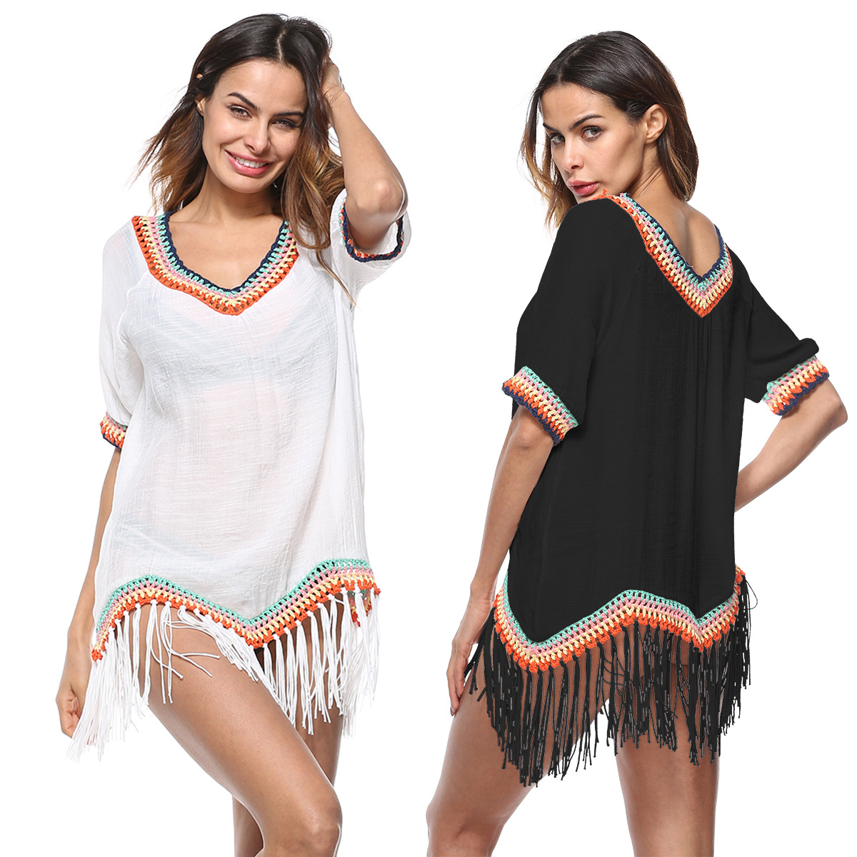 Womens Beach Cover Up Spring Summer Patchwork Design Fringe Detail Sun Protection Wholesale Available