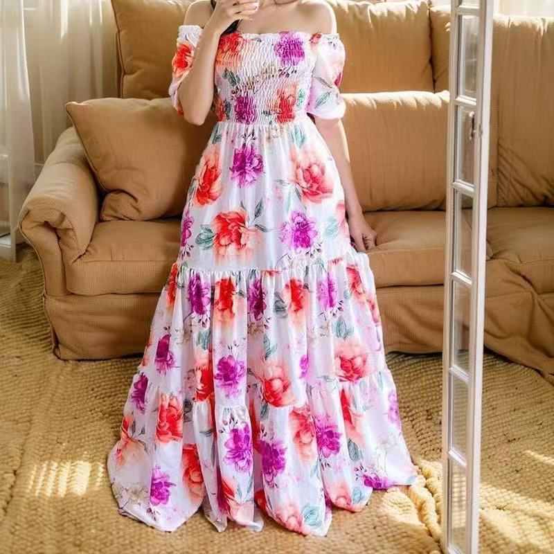 New Spring Summer European and American Foreign Trade Women's Dress One Shoulder Floral Dress Fashion Off Shoulder Long Dress