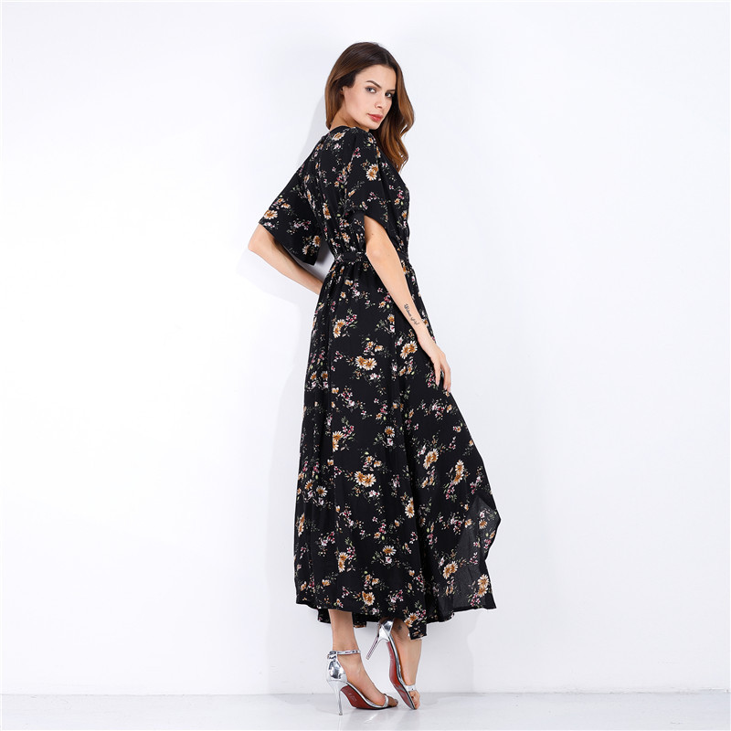 Floral Print Dress V Neck Short Sleeve Side Slit Summer Beach Vacation Wear Wholesale Available