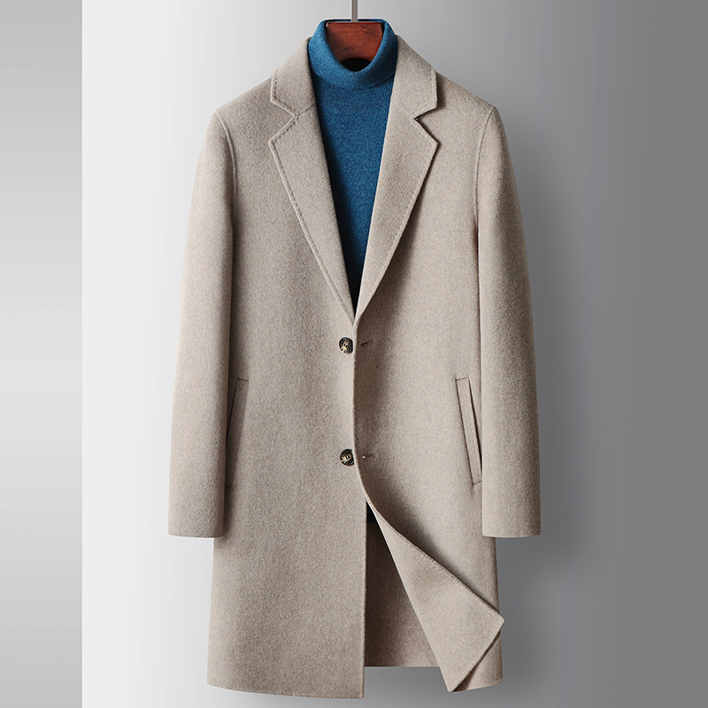 Handmade Double sided Wool Men's Coat Autumn Winter Mid length Youth Luxury Business Wool Overcoat