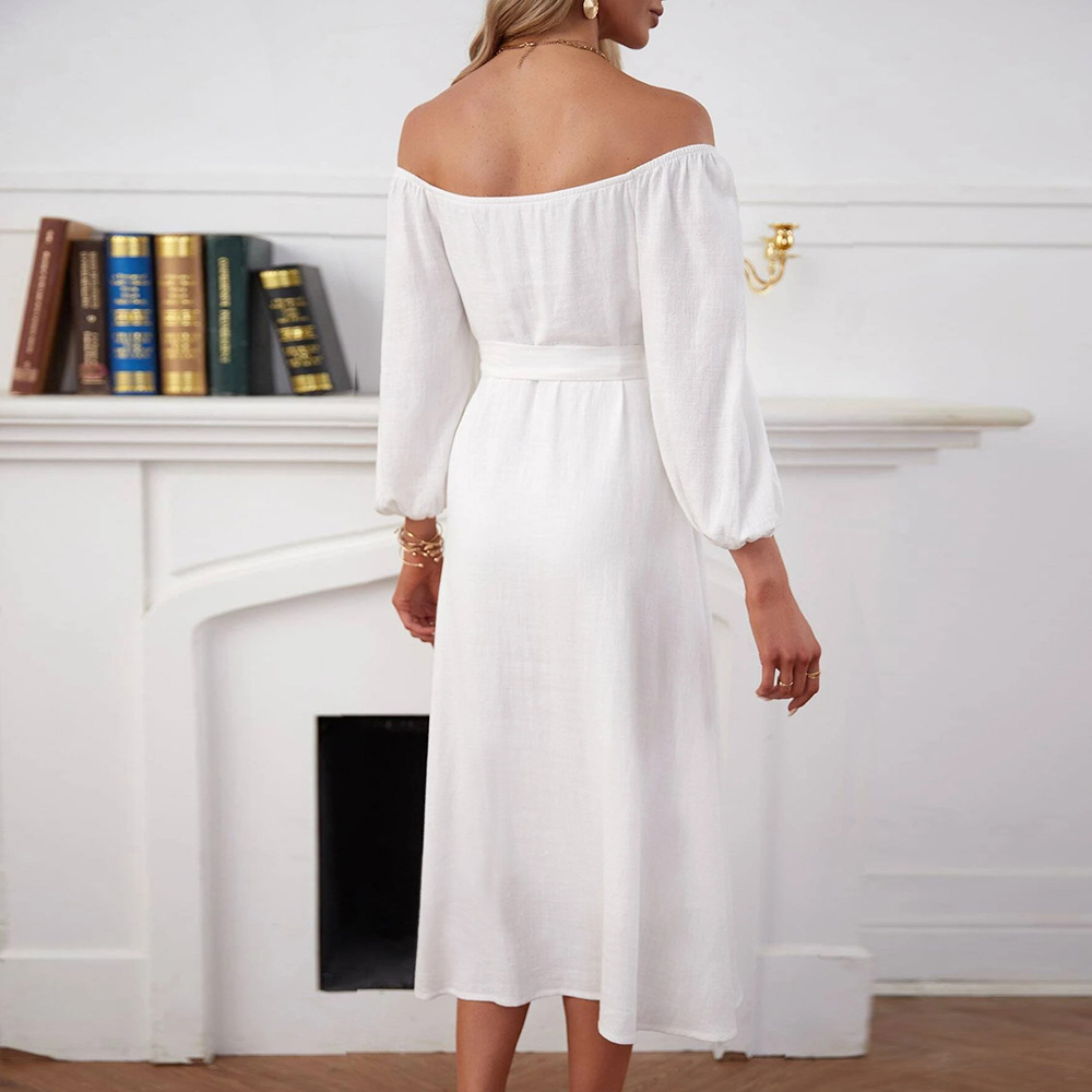 New European and American Style Elegant Commuter Off Shoulder Single Breasted Slit Long Sleeve Mid Length Dress