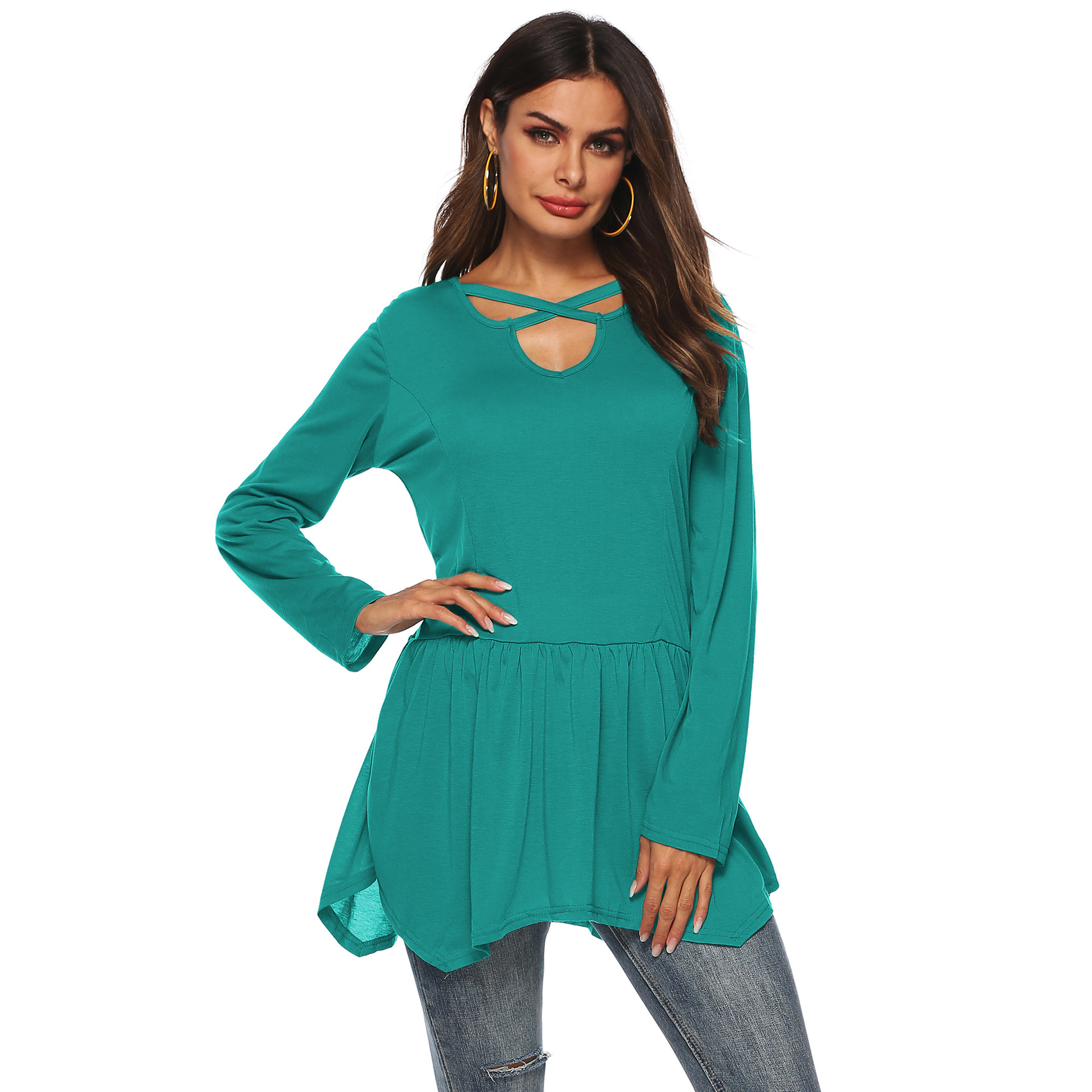 Womens Long Sleeve Cross Neck Solid Color Ruffle Hem T Shirt Casual Style Versatile Layering Wholesale Available