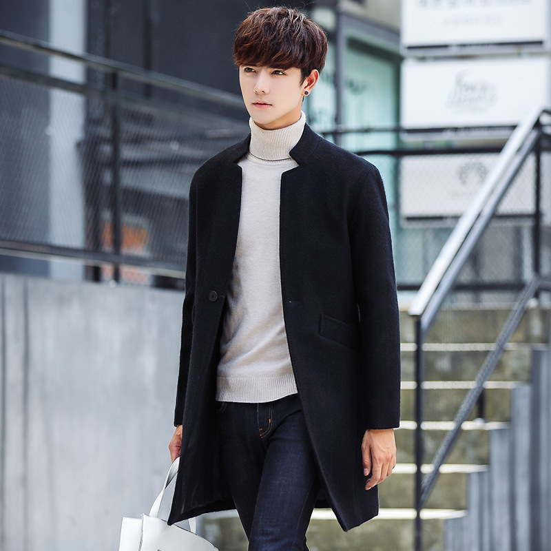Mens Wool Blend Overcoat Slim Fit Stand Collar Mid Length Casual Style Perfect for Autumn and Winter Wholesale
