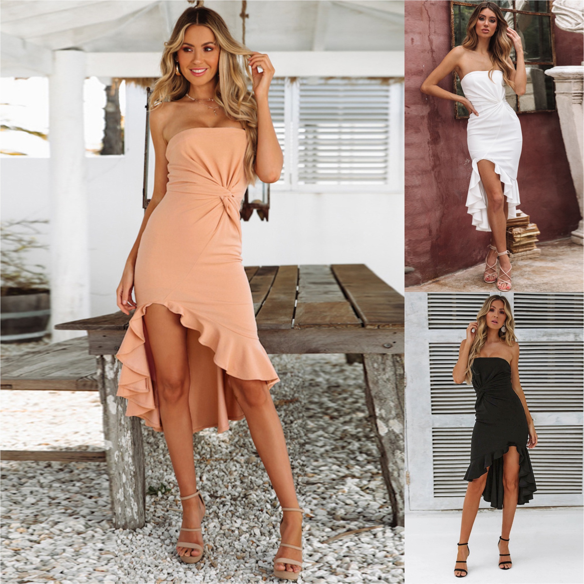 Womens Ruffled Strapless Dress Fashionable Sexy Solid Color Spring Summer Collection Wholesale Available
