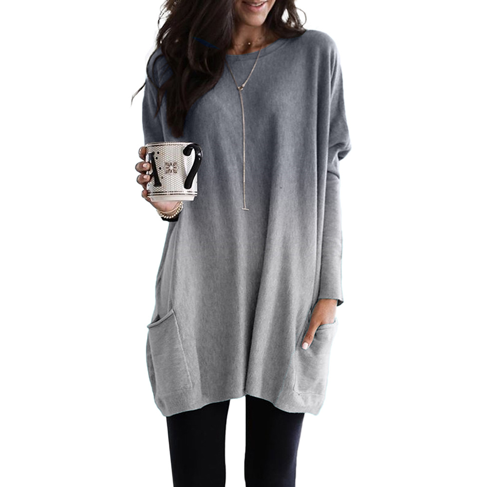 Womens Gradient Color Long Sleeve T Shirt Casual Loose Fit Round Neck Mid Length Winter Wear Wholesale Available