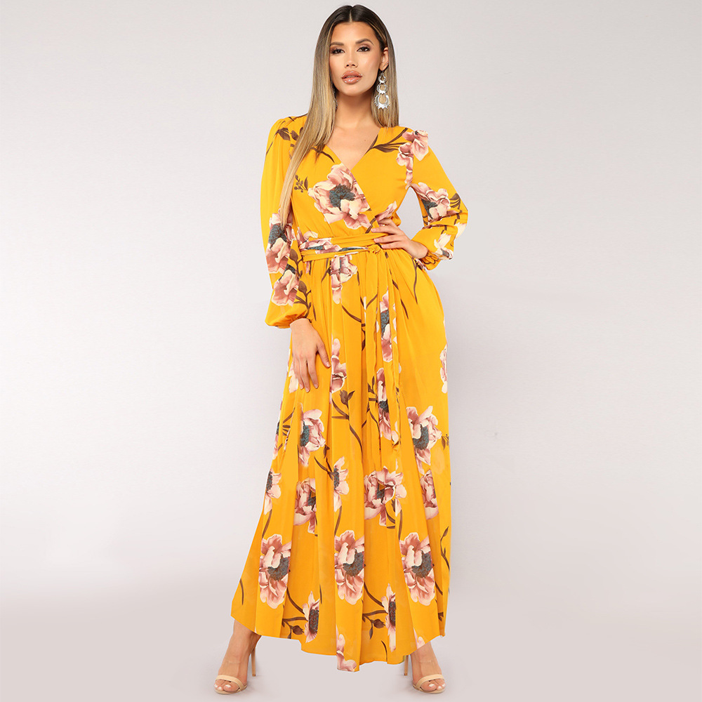 Long Sleeve Floral Print Dress V Neck Tie Detail Elegant Design Spring Summer Fashion Wholesale Available
