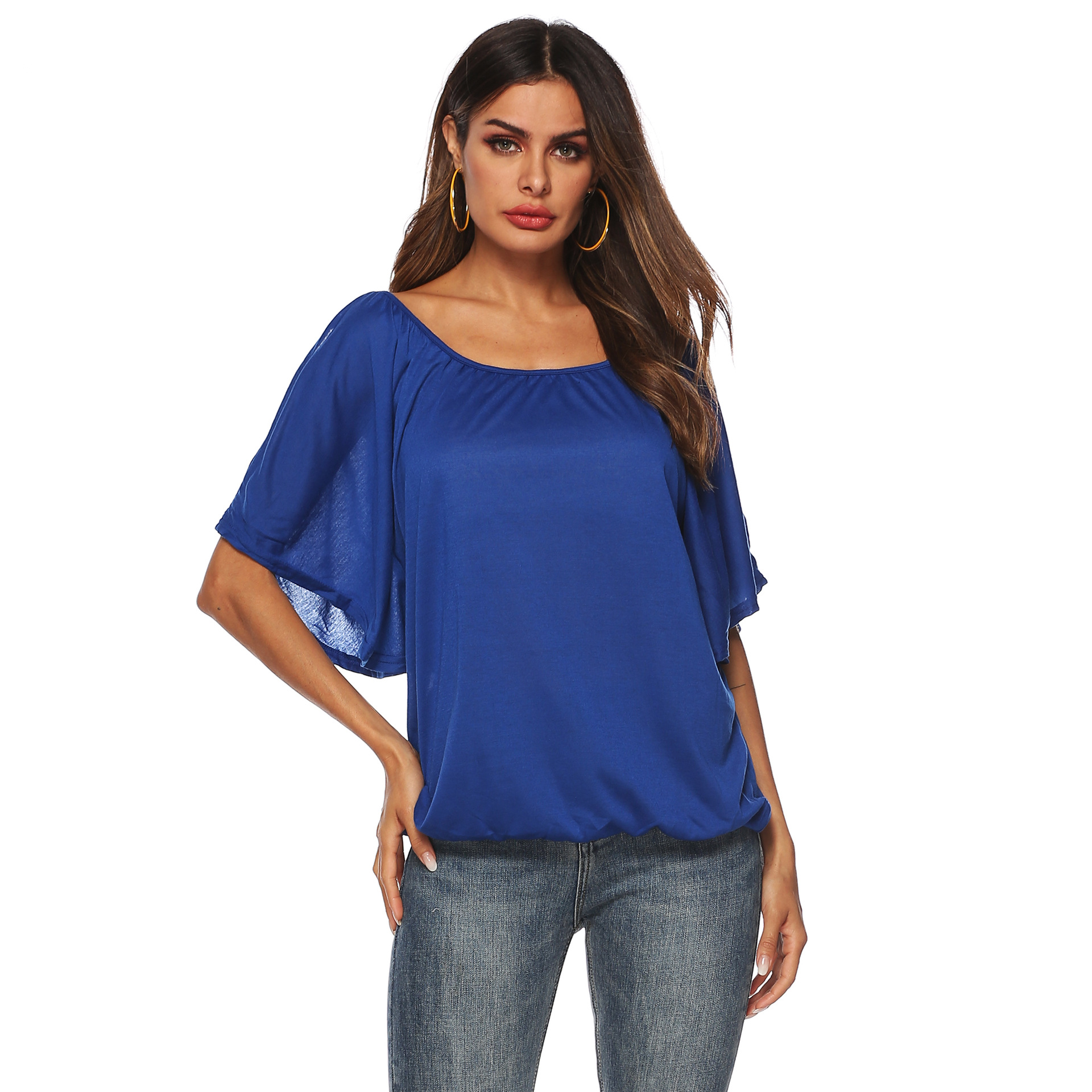 Womens Batwing Sleeve T Shirt Solid Color Round Neck Asymmetrical Hem Casual Wear Summer Style OEM Available