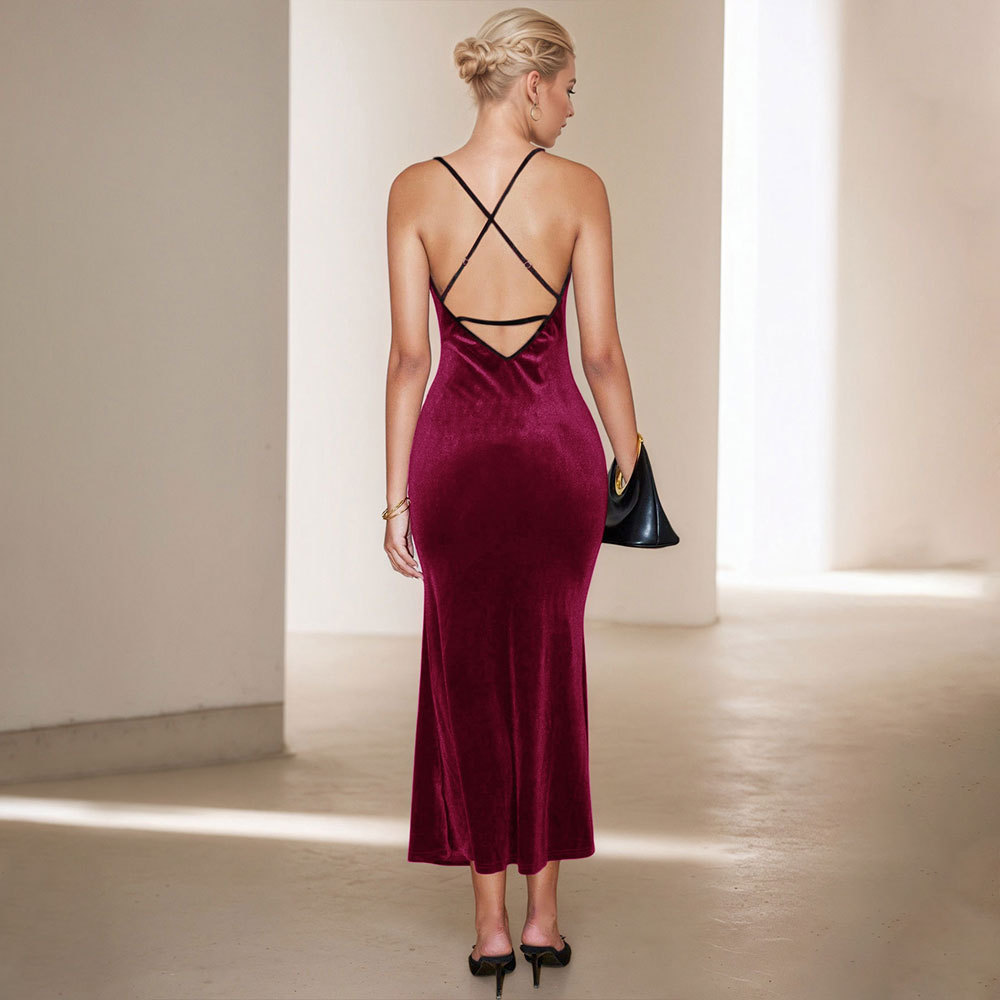 Autumn Winter New Cross border Women's European and American Sling Velvet Dress Elegant Party Mid length Skirt