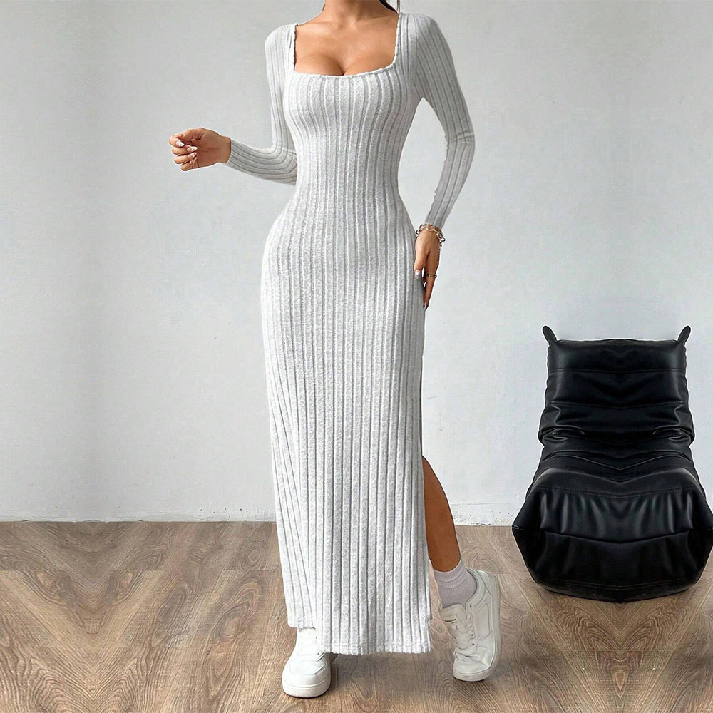Simple Elegant Women's Dress with Square Neck and Backless Design, Long Sleeve Mid length Dress for Autumn and Winter