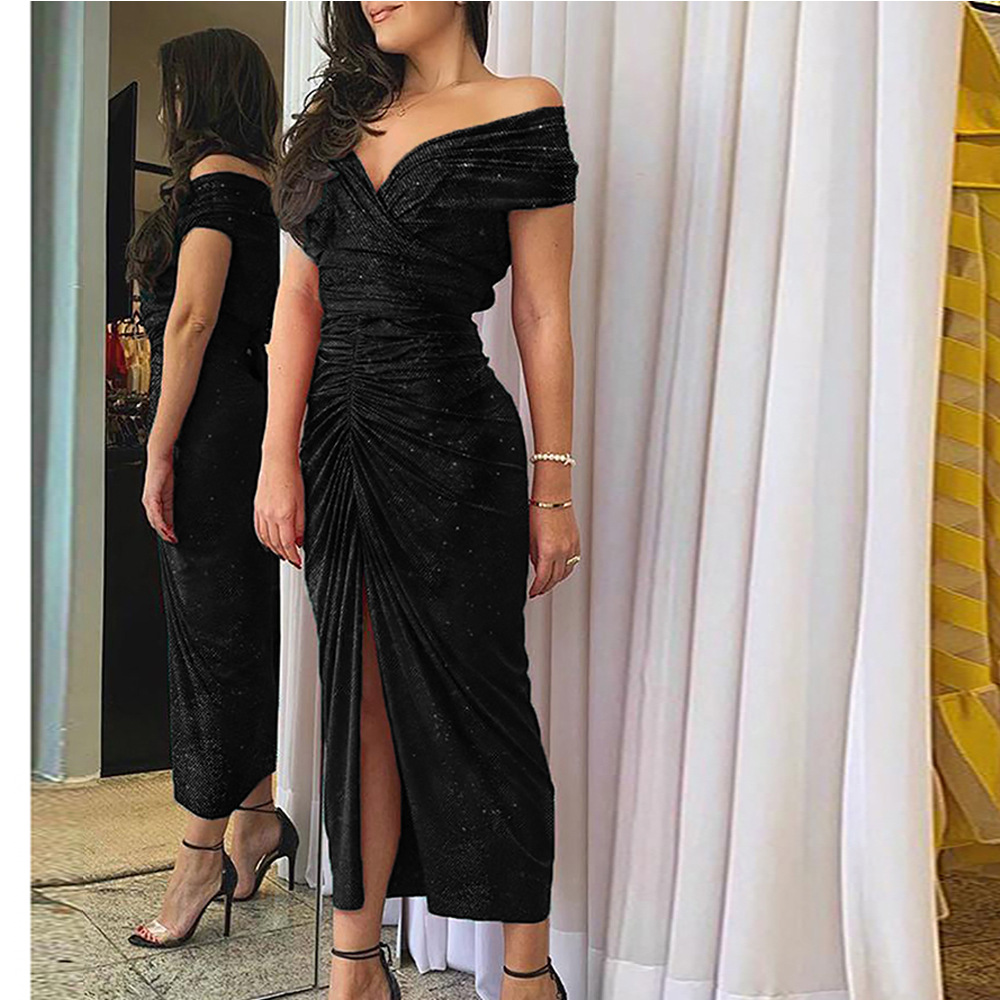 Elegant Long Dress One Shoulder Design Pleated High Slit Spring Fall Fashion Wholesale Available