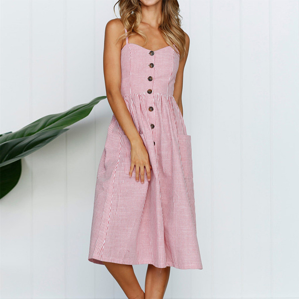 Casual Summer Dress Colorful Striped Backless Button Detail Womens Fashion for Parties or Everyday Wear Wholesale