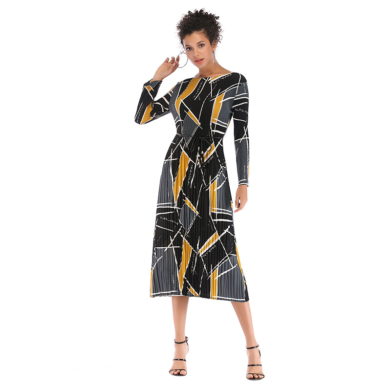 Geometric Print Chiffon Dress Long Sleeve Belted Pleated Design Perfect for Spring Summer Events Wholesale Available