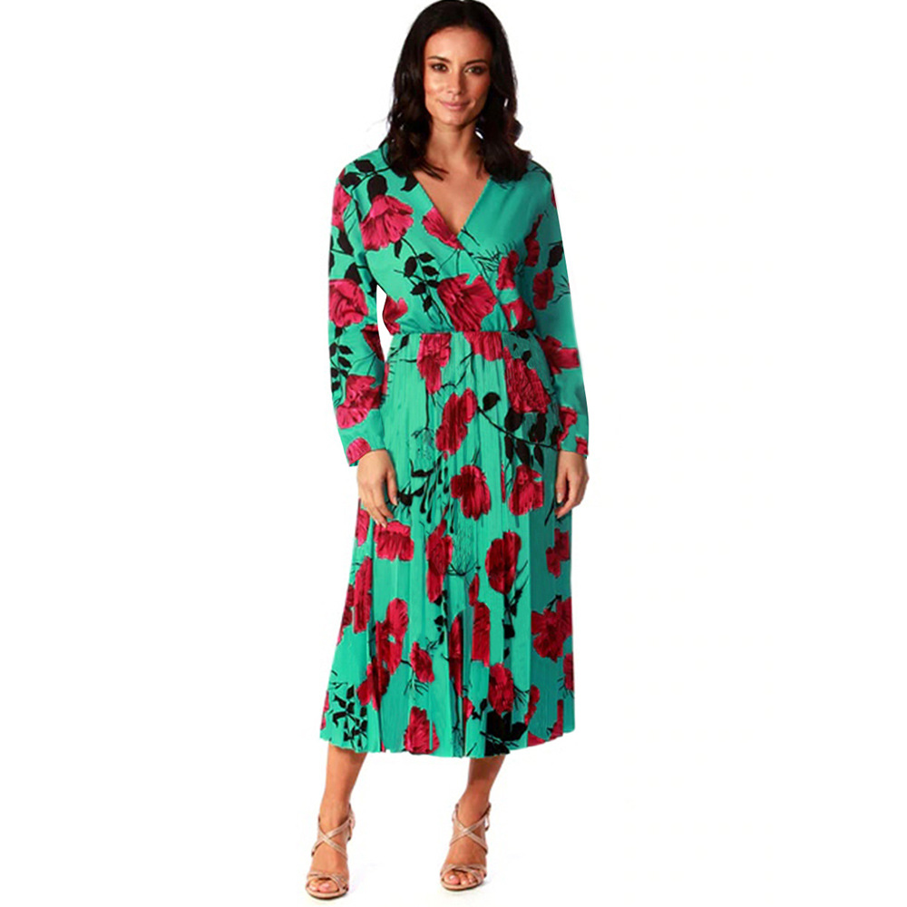 Womens Floral Print Maxi Dress V Neck Long Sleeve Elegant Design Spring Summer Fashion Wholesale Available
