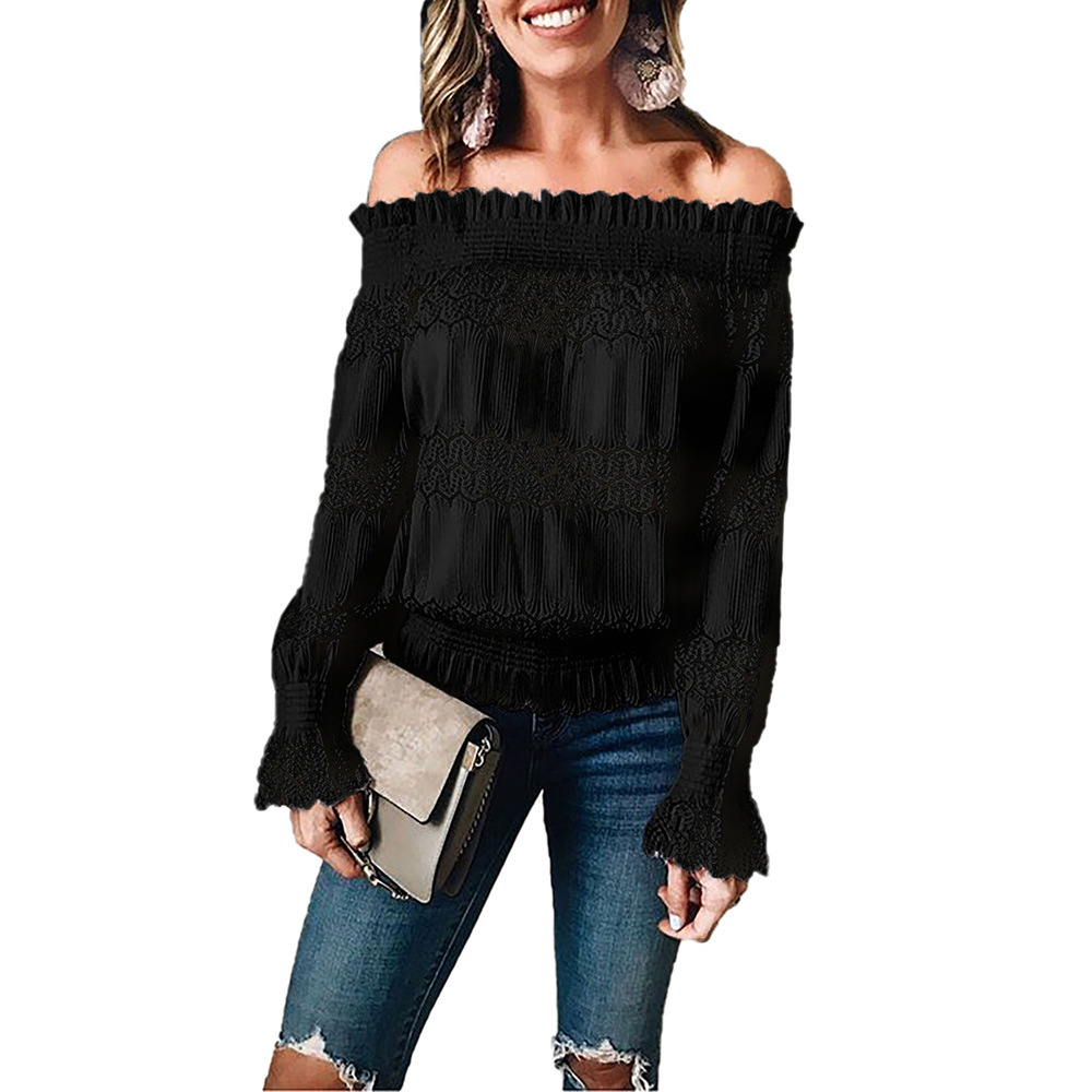 Womens Long Sleeve T Shirt Solid Color Off Shoulder Straight Cut Printed Design Casual Wear Available in Plus