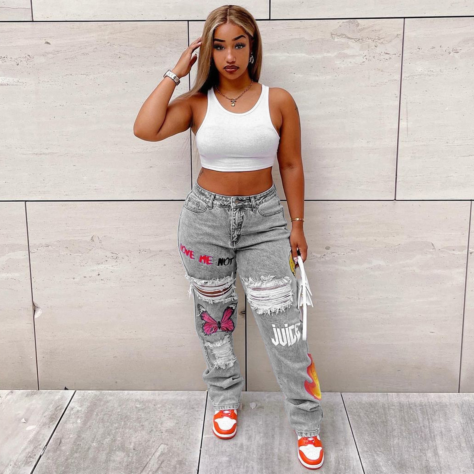 Fashionable Womens Distressed Denim Jeans Digital Print Sexy Style Casual Wear Wholesale Available